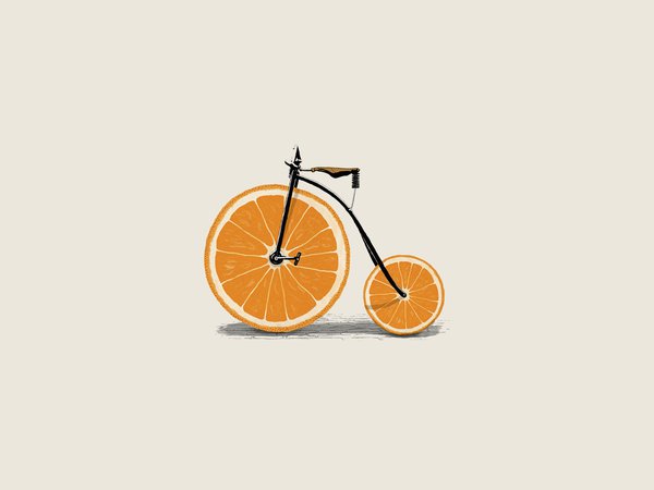 hd, апельсин, вектор, велик, велосипед, дольки, иллюстрация, колёса, минимализм