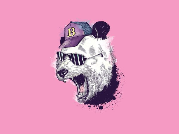 pink, бейсболка, минимализм, очки, панда, пасть, юмор