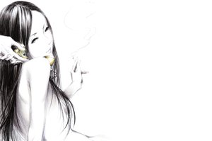 Обои на рабочий стол: art, Sawasawa, девушка, дым, рисунок, руки, сигарета, телефонная трубка