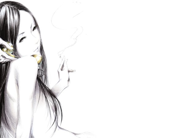 art, Sawasawa, девушка, дым, рисунок, руки, сигарета, телефонная трубка