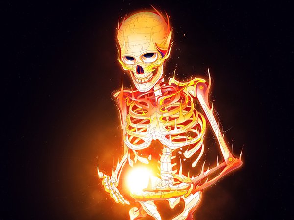 минимализм, огонь, пламя, скелет, череп