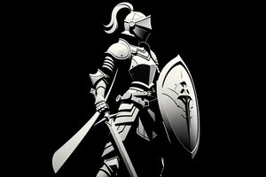Обои на рабочий стол: Armor, artwork, black background, cape, digital art, fantasy, helmet, Knight, minimalism, shield, silhouette, simple background, sword, warrior