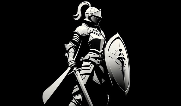 Обои на рабочий стол: Armor, artwork, black background, cape, digital art, fantasy, helmet, Knight, minimalism, shield, silhouette, simple background, sword, warrior