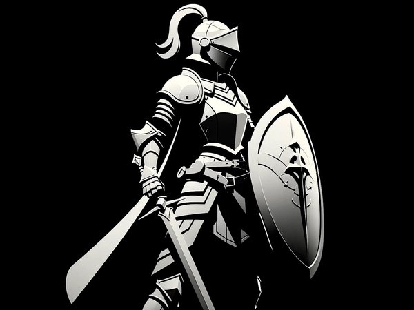 Armor, artwork, black background, cape, digital art, fantasy, helmet, Knight, minimalism, shield, silhouette, simple background, sword, warrior