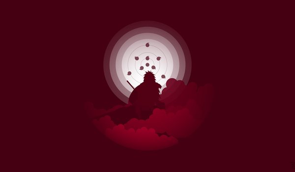Обои на рабочий стол: anime, artwork, clouds, digital art, fantasy, minimalism, naruto, red background, ringed eyes, silhouette, simple background