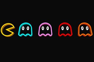 Обои на рабочий стол: arcade, artwork, black background, digital art, game, minimalism, pac-man, simple background, vintage
