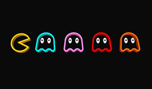 Обои на рабочий стол: arcade, artwork, black background, digital art, game, minimalism, pac-man, simple background, vintage