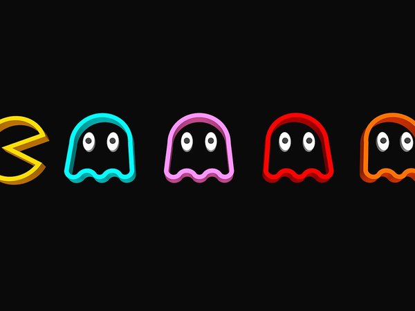 arcade, artwork, black background, digital art, game, minimalism, pac-man, simple background, vintage