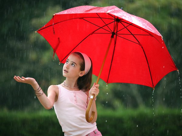 девочка, дождь, зонт, красный
