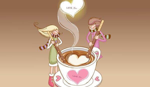 Обои на рабочий стол: love is, кофе, любовь, палочки, пара, сердечки, чудесное чувство