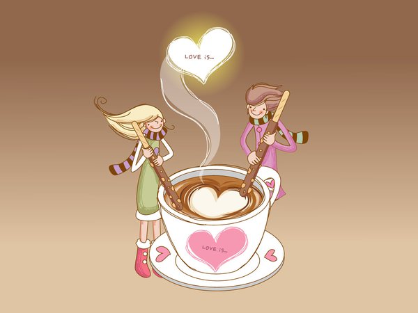 love is, кофе, любовь, палочки, пара, сердечки, чудесное чувство