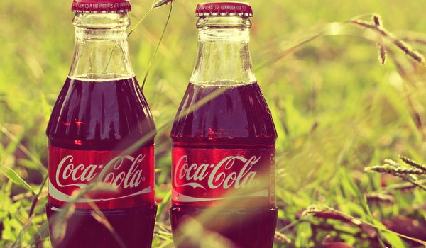 Обои на рабочий стол: coca-cola, бутылки, кока-кола, трава, этикетка