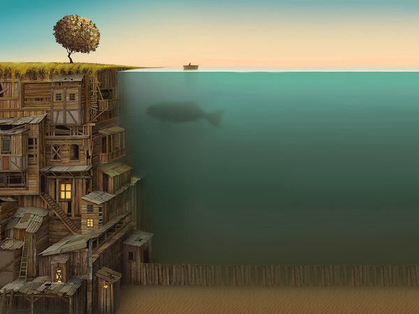 дерево, дно, дом, забор, кит, лодка, окна, под водой