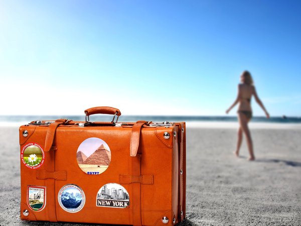 горизонт, девушка, курорт, оранжевый, песок, пляж, путешествие, цвет, чемодан