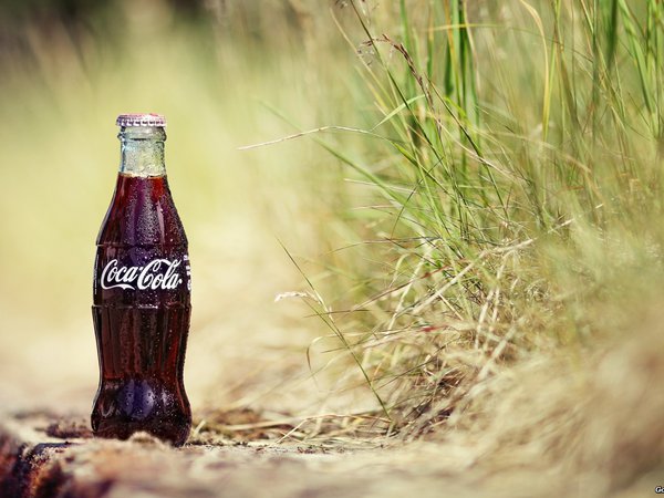 coca-cola, wallpapers, бутылка, газировка, капли, кока-кола, кола, напиток, обои, песок, растения, трава, фон