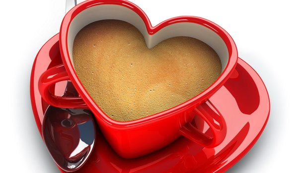 Обои на рабочий стол: белый фон, кофе, красная, кружка, ложка, настроения, посуда, сердечко, тарелка, чашка в форме сердца