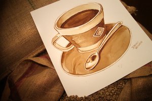 Обои на рабочий стол: бумага, зёрна, кофе, кружка, ложка, мешок, нарисованная чашка кофе, настроения, тарелка, чашка