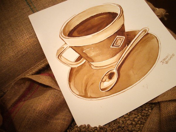 бумага, зёрна, кофе, кружка, ложка, мешок, нарисованная чашка кофе, настроения, тарелка, чашка