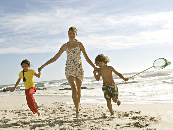 девушка, дети, море, настроения, песок, пляж, ребёнок, семья