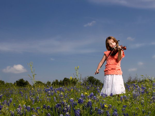 девочка, настроение, поле, скрипка