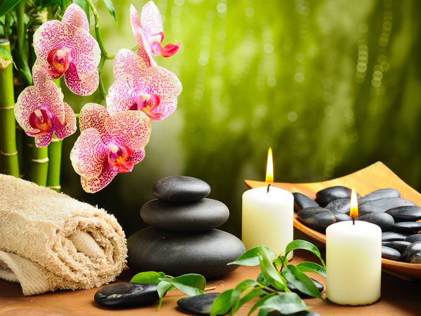 spa, бамбук, камни, массажные, орхидея, полотенце, свечи, спа, цветок, чёрные