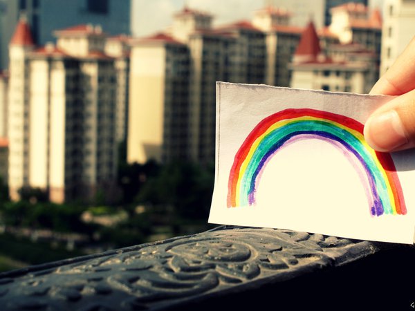 city, rainbow, бумага, город, краски, радуга, рисунок