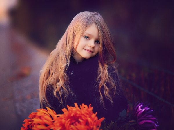 девочка, ребёнок, русая, хризантемы, цветы