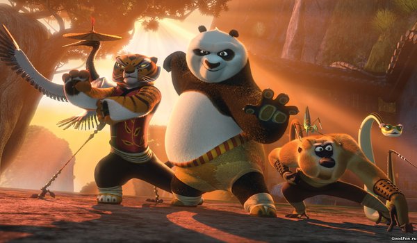 Обои на рабочий стол: kung fu panda 2, богомол, журавль, закат, змея, кунг-фу панда 2, неистовая пятёрка, обезьяна, по, тигрица