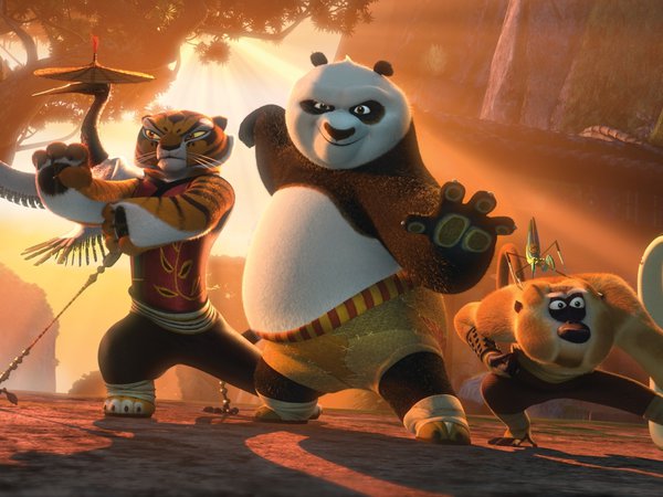 kung fu panda 2, богомол, журавль, закат, змея, кунг-фу панда 2, неистовая пятёрка, обезьяна, по, тигрица