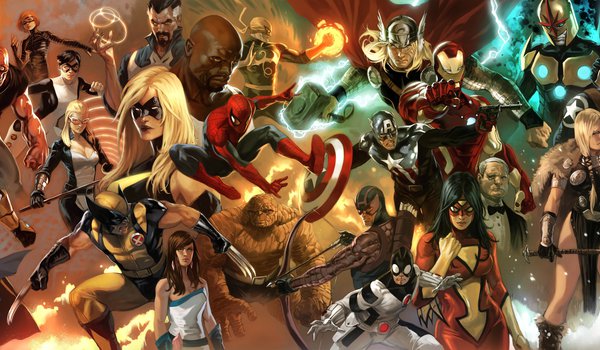 Обои на рабочий стол: iron man, marvel, spider-man, железный человек, капитан америка, коллаж, комиксы, люди икс, рассомаха, супергерои, супермен, фантастическая четверка, человек паук