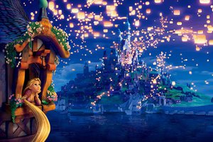 Обои на рабочий стол: dreams, evening, lanterns, lights, night, princess, Rapunzel, tangled, the movie, башня, вечер, Запутанная история, мечты, огоньки, принцесса, рапунцель, фонарики, цветы