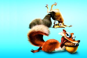 Обои на рабочий стол: ice age, scrat, белка, ледниковый период, орех, синий фон