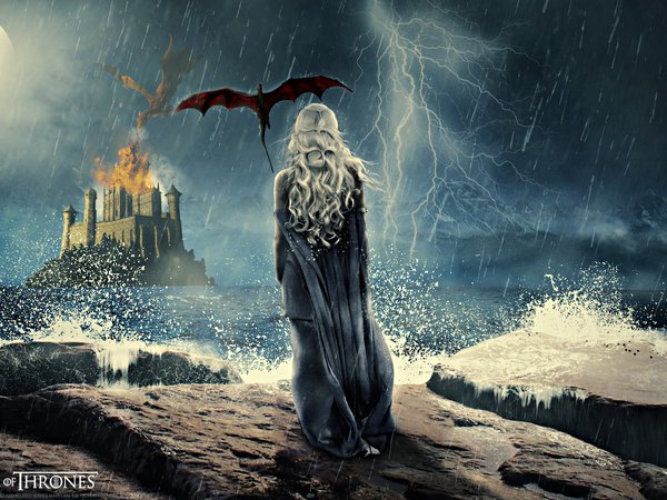 Daenerys Targaryen, гроза, девушка, дождь, дракон, замок, игры престолов, крепость, крылья, луна, ночь, огонь, полет, сериал, спина