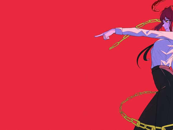 chains, Chainsaw Man, finger pointing, Makima (Chainsaw Man), necktie, red background, redhead, simple background, yellow eyes