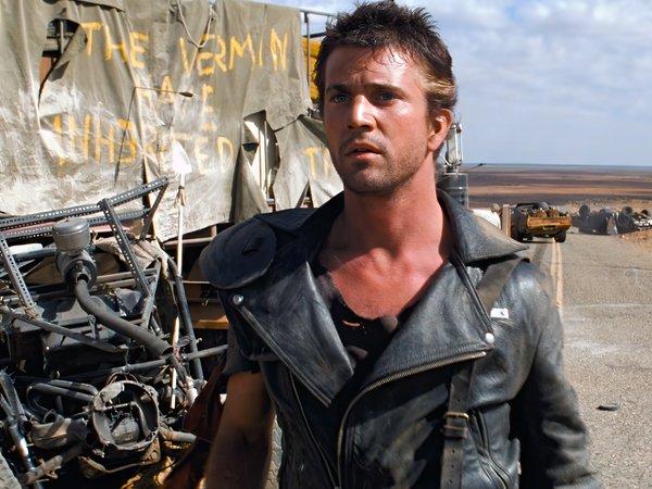 actor, apocalyptic, car, film stills, leather jacket, Mad Max, Mel Gibson, men, movies, road, The Road Warrior