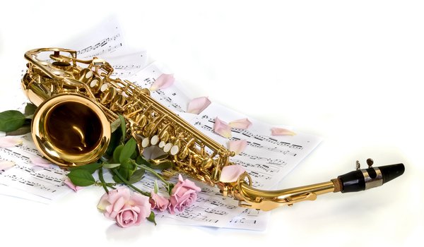 Обои на рабочий стол: белый, лепестки, ноты, розы, саксофон, фон, цветы