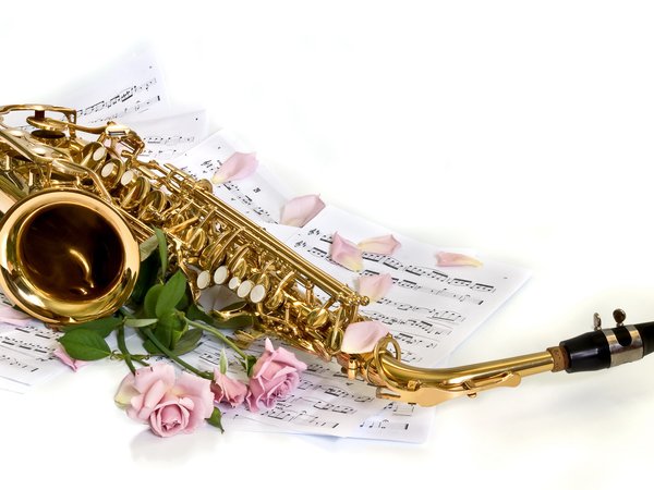 белый, лепестки, ноты, розы, саксофон, фон, цветы