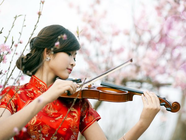 азиатка, девушка, музыка, скрипка