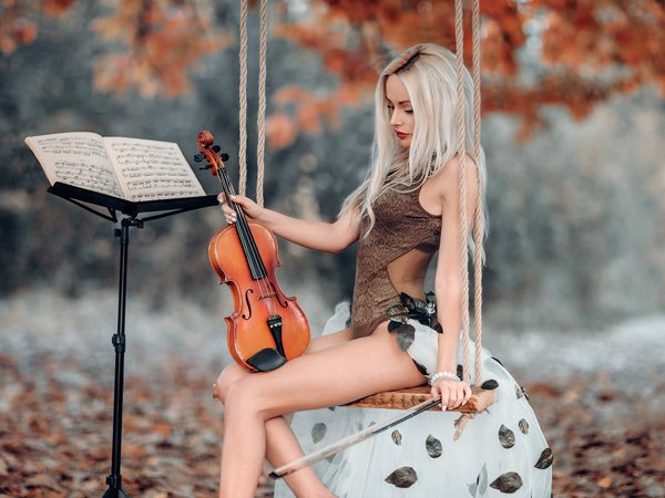 блондинка, девушка, Деян Романов, качели, настроение, ноты, осень, поза, скрипка, фигура