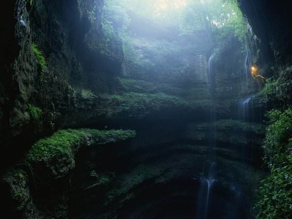 водопад, пейзаж, пещера, природа, свет, спуск, ущелье