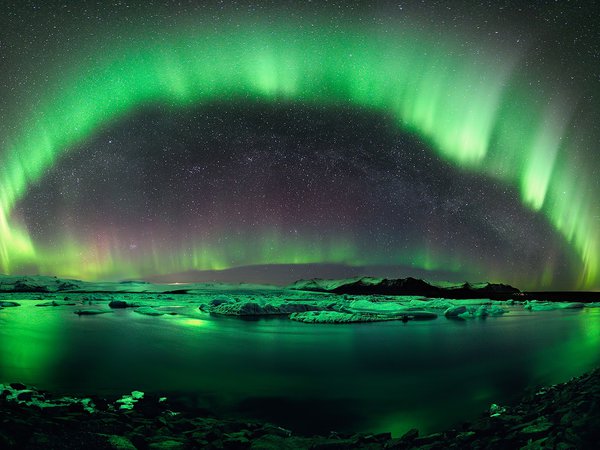 ёкюльсаурлоун, звезды, исландия, лед, небо, озеро, отражение, полярное, сияние