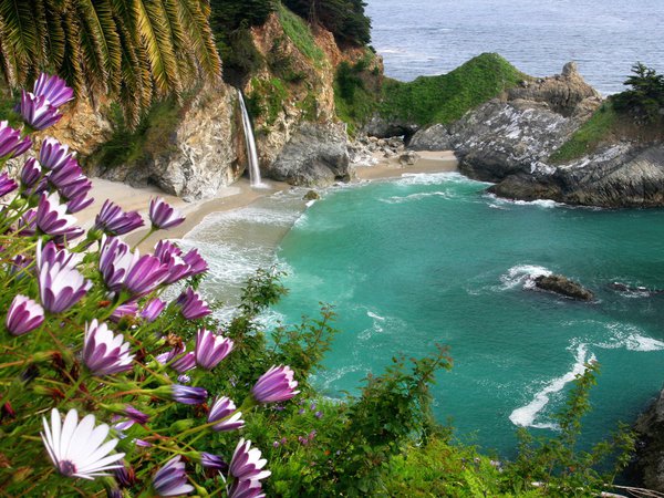 водопад, горы, океан, цветы