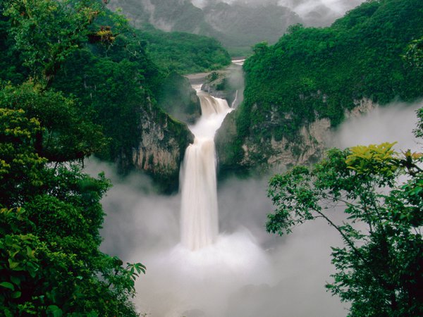 водопад, горы, лес, река, эквадор