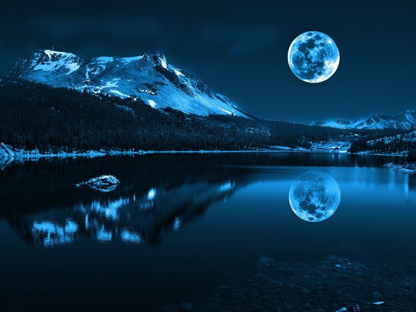 блеск, вечер, вода, горы, камни, луна, море, отражение, пейзаж, природа, прохлада, река, снег