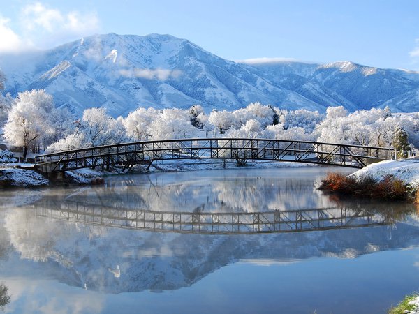 горы, зима, иней, мост, природа, река, снег