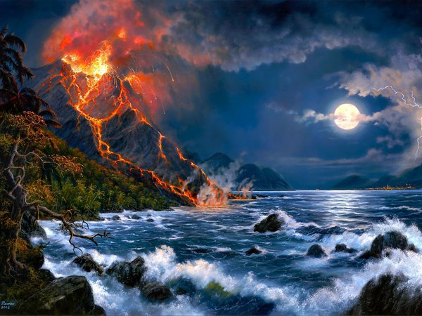 Jesse Barnes, арт, вулкан, извержение вулкана, море, пейзаж
