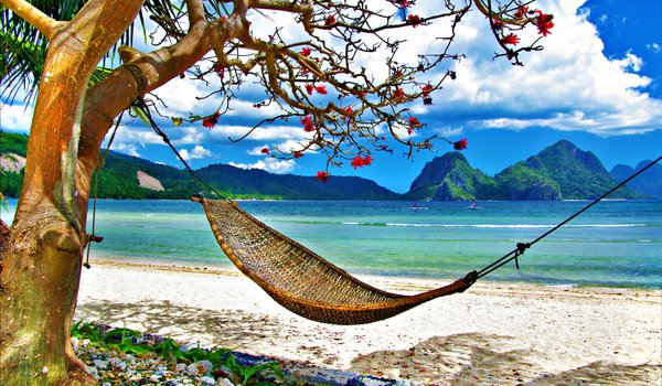 Обои на рабочий стол: beach, clouds, exotic, grass, hammock, landscape, mountains, nature, ocean, sea, sky, summer, tropical