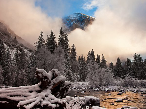 Yosemite National Park, горы, иней, калифорния, природа, снег