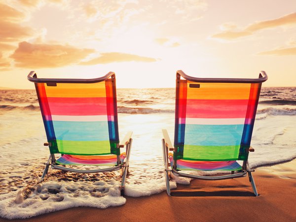 beach, chairs, clouds, nature, sand, sea, sky, sunset, закат, лето, море, небо, облака, пейзаж, пляж, природа