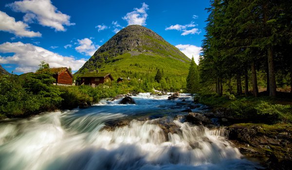 Обои на рабочий стол: norway, Valldalen, водопад, гора, домики